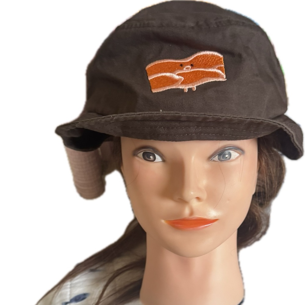 Brown Bucket Hat with Orange Bacon Patch